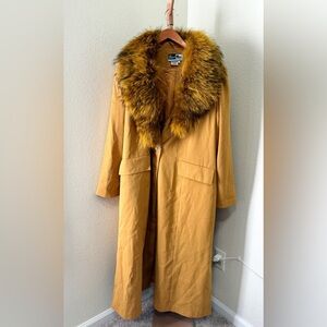 Vintage 70’s Ben Marc Mustard Faux Fur Collar Long Trench Coat Women’s Size 24